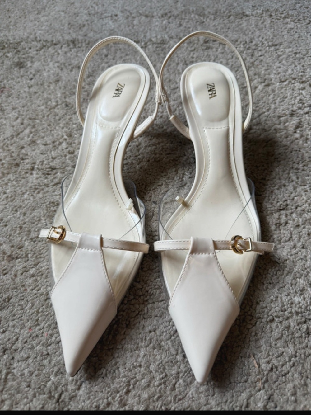 Zara Cream Pointed Slingback Heels with Gold Buckle